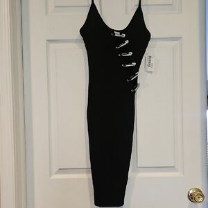 Chic Black Midi Dress with Safety Pin Accents